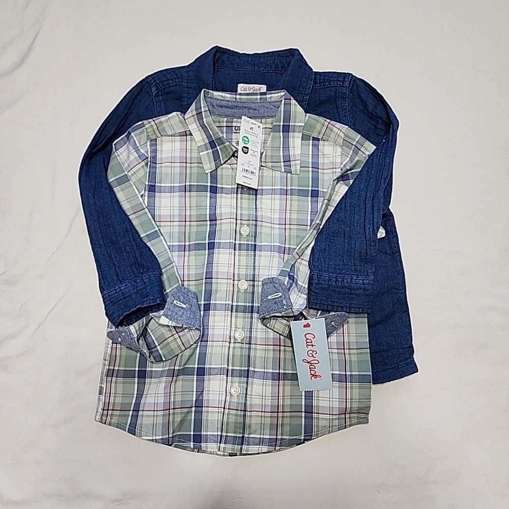 OshKosh B'Gosh Kids' Plaid and Denim Shirt Set of 2 (4T), 100% Cotton.
